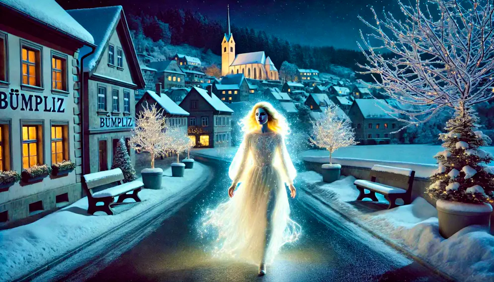AI W. Nuss from Bümpliz. Variant 1: A blonde woman in a bright white dress strolls through the snowy streets of Bümpliz.