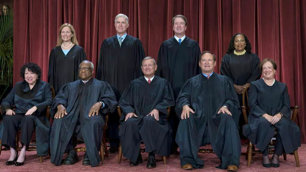 The nine justices of the US Supreme Court (front row, from left to right): Justice Sonia Sotomayor, Justice Clarence Thomas, the presiding justice of the Supreme Court, Chief Justice John Roberts, Justice Samuel Alito and Justice Elena Kagan. Back row (l-r): Justice Amy Coney Barrett, Justice Neil Gorsuch, Justice Brett Kavanaugh and Justice Ketanji Brown Jackson. (archive picture)