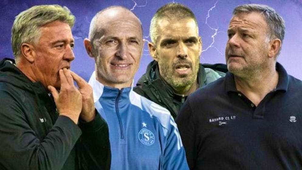 Super League coaches Marco Schällibaum, Thomas Häberli, Fabio Celestini and Patrick Rahmen (from left to right) are not all equally secure in the saddle.
