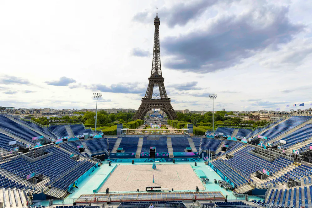 The view over the beach volleyball stadium in Paris.