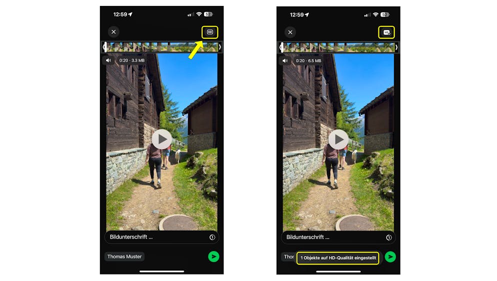 Auch bei Video-Versand: «HD»-Icon oben anwählen – schon verschickst du deinen Clip in besserer Qualität.