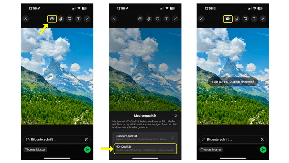 «HD»-Icon oben anwählen, von «Standardqualität» auf «HD-Qualität» wechseln – schon verschickst du dein Bild in besserer Qualität.