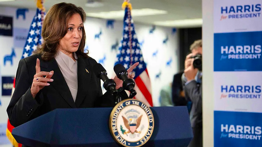 US Vice President Kamala Harris speaks at her campaign headquarters. Photo: Erin Schaff/POOL The New York Times/AP/dpa - ATTENTION: For editorial use only and only with full attribution to the above credit