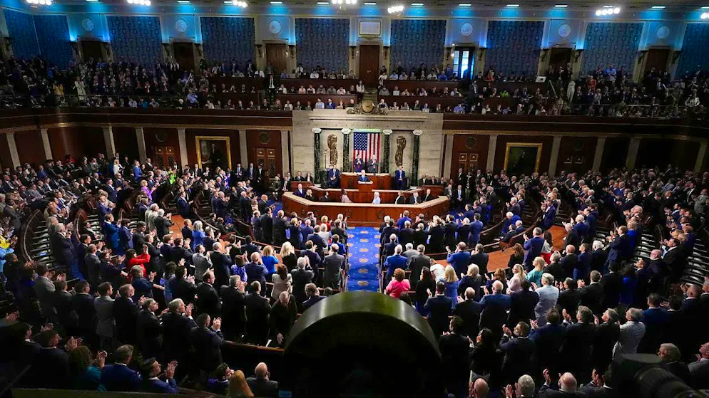 Israeli Prime Minister Benjamin Netanyahu (M) addresses a joint session of Congress at the Capitol in Washington as House Speaker Mike Johnson (l) and Senate Foreign Relations Chairman Ben Cardin (r) look on. Photo: Manuel Balce Ceneta/AP