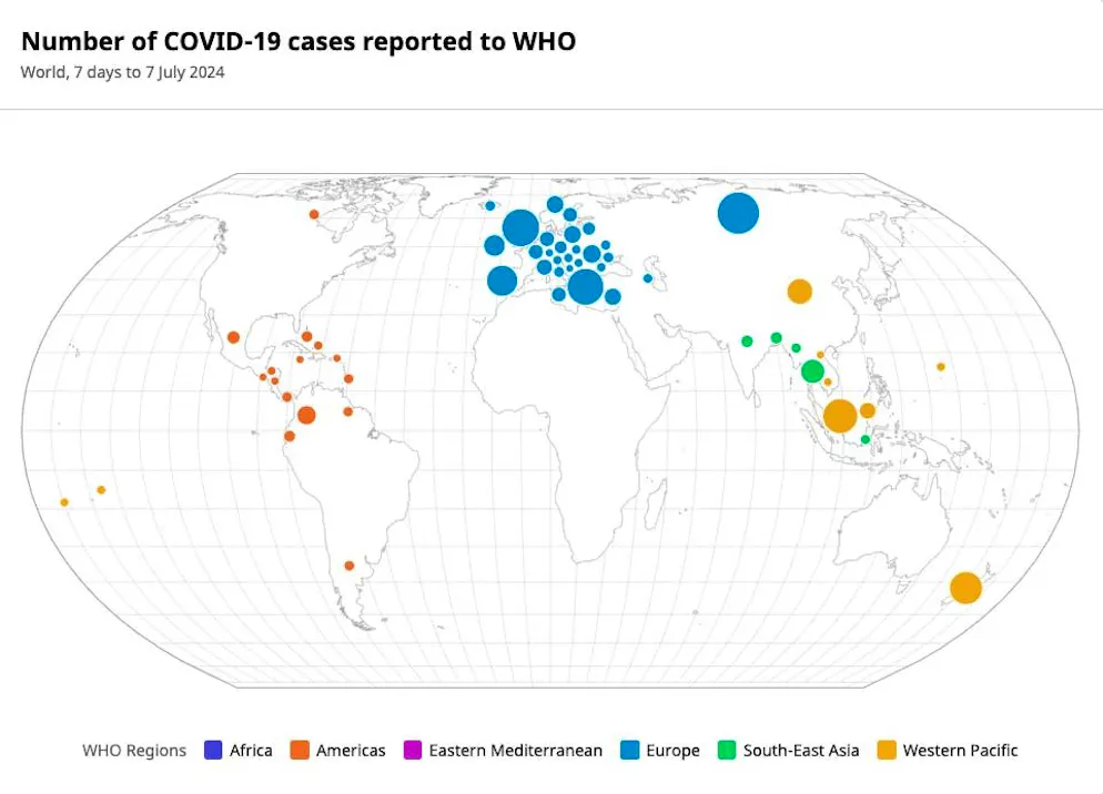 The latest WHO map as of July 7, 2024: Reported Covid cases in the last 7 days.