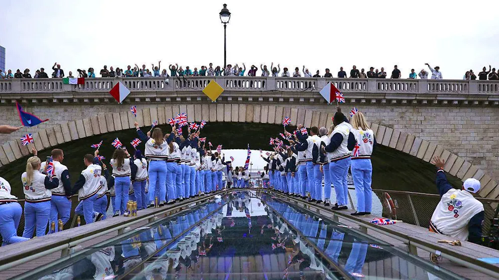 Olympic Opening Ceremony. Great Britain's boat on its way to the Eiffel Tower.