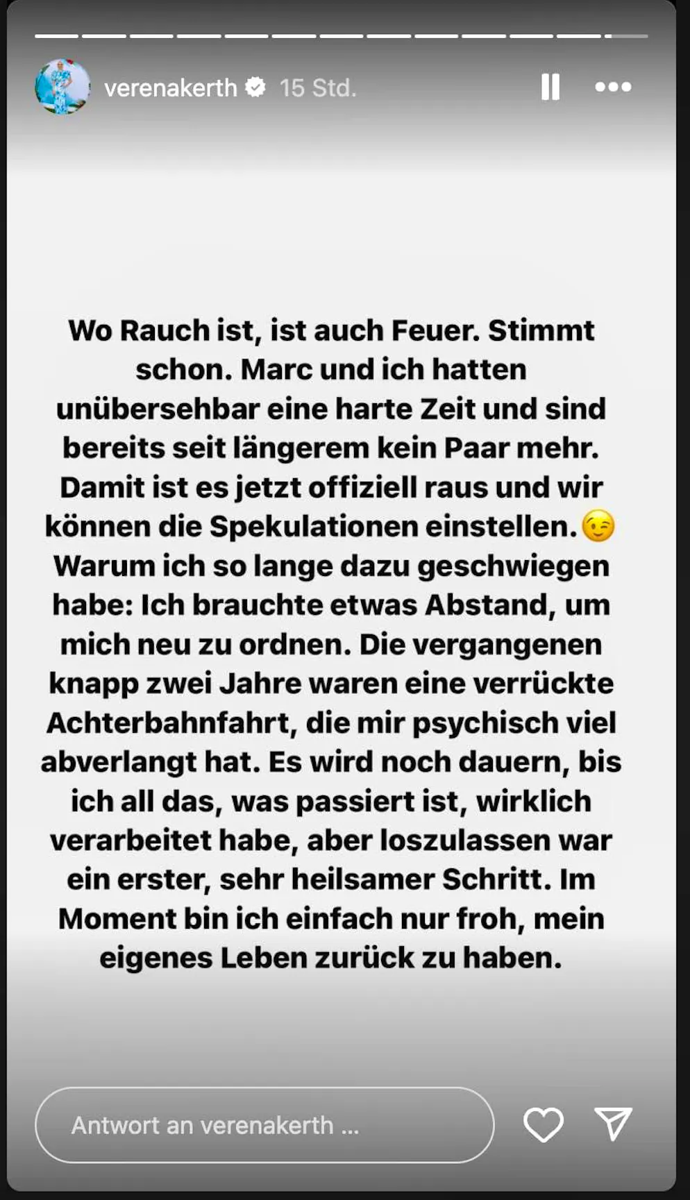 With this post, Verena Kerth confirms the break-up on Instagram.