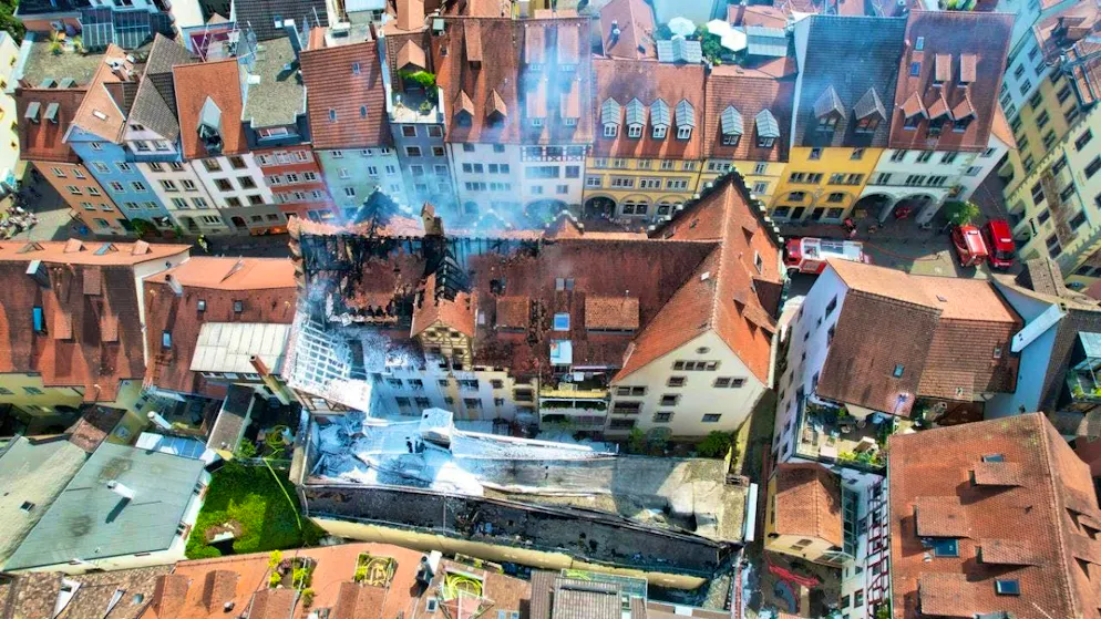 Aerial view of Constance's old town one day after the fire,