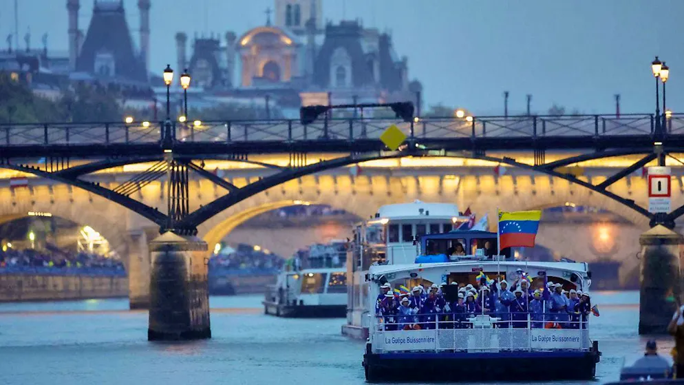 Olympic Opening Ceremony. The athletes from the 206 participating nations are led across the Seine on boats.