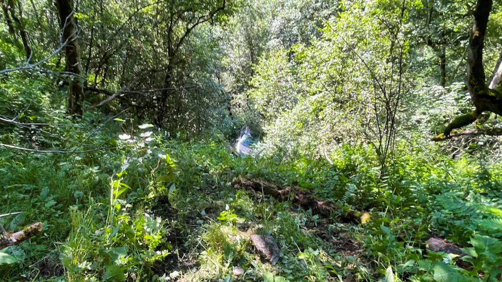 Al centro l'auto finita fuori strada e precipitata lungo un ripido pendio a Lumnezia (GR). All'interno il suo conducente salvato dall'allerta del suo cellulare.