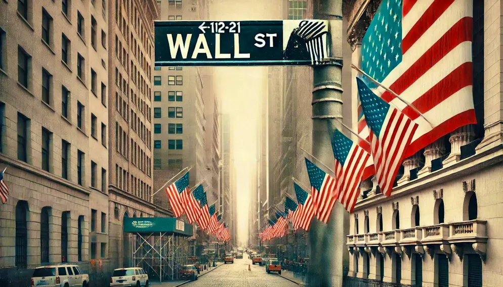 Symbolic image showing a street scene in NYC with the Wall Street sign and American flags in the background.