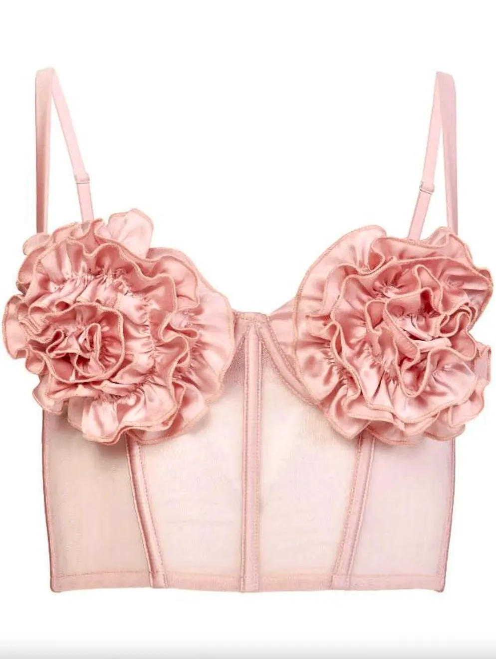 Fashion trend in summer 2024: 3D tops. Pink bustier top with large floral details by Fleur Du Mal for 454 francs, via Farfetch.