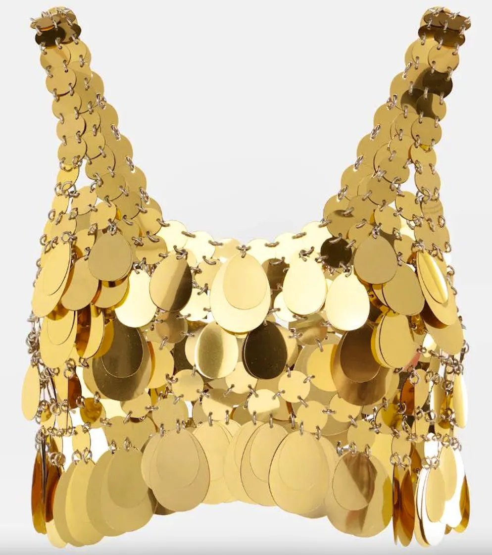 Fashion trend in summer 2024: 3D tops. Golden sequin top by Rabanne for 890 francs, via Mytheresa.