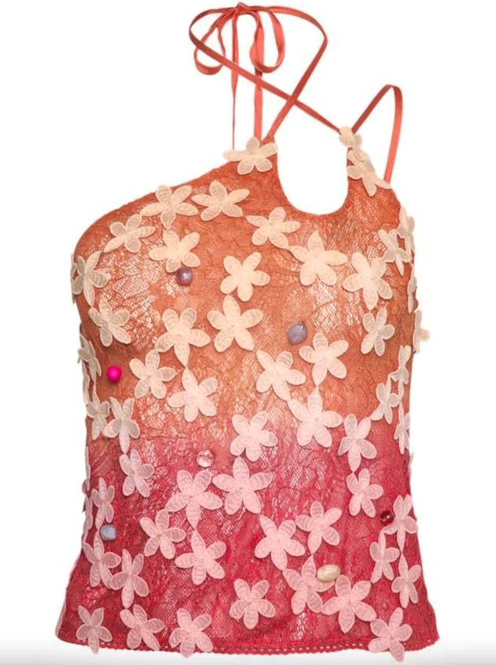 Fashion trend in summer 2024: 3D tops. "Nadia" top with appliqués by Roberta Einer for 638 francs, via Farfetch.