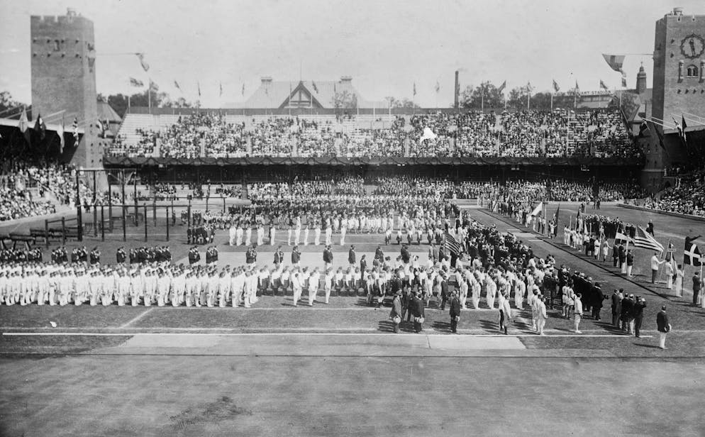 La cerimnia d'apertura dei V Giochi Olimpici, tenutisi a Stoccolma nel 1912.