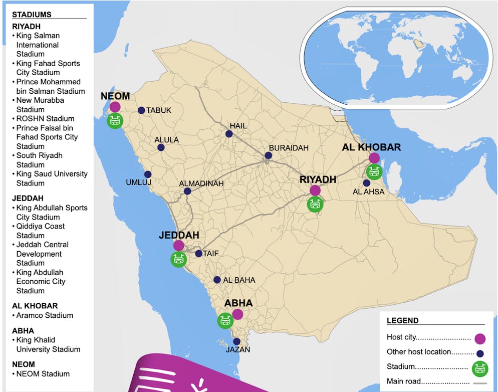 Die Standorte der 15 Stadien an der WM 2034 in Saudi-Arabien.