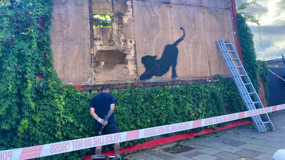 Cat stretching: Banksy continues series of paintings in London - Gallery. The police cordoned off the area around the billboard with the Banksy work.