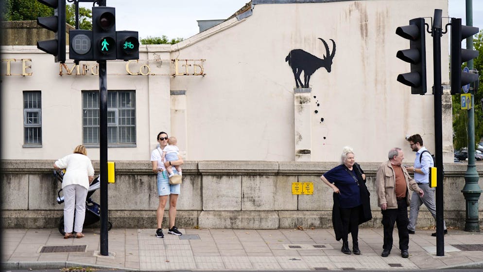 Katze bei Dehnübung: Banksy setzt Bilderreihe in London fort - Gallery. Manch ein Banksy-Fan sah in dem Steinbock ein Symbol für die rechtsextremistischen Ausschreitungen im Land.