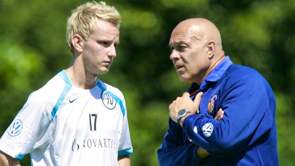 Coach Christian Gross, right, with Ivan Rakitic during FCB training at the start of the 2007/08 season.