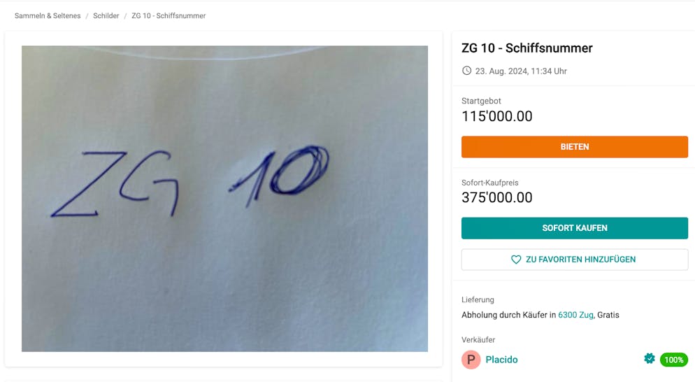 Das Nummernschild «ZG 10» ist für einen Startpreis von 115'000.- Franken zu haben. Achtung: Es handelt sich um eine Schiffsnummer.