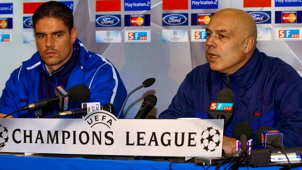 Christian Gross and Pascal Zuberbühler talk to journalists before the Champions League clash against Liverpool in 2002.