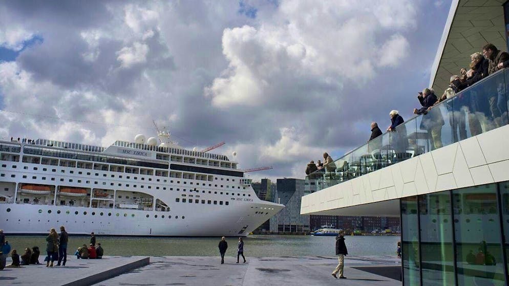 A cruise ship on the IJ river arm near Amsterdam.