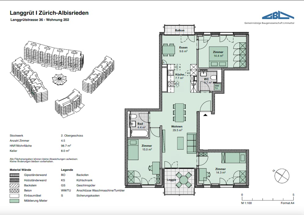 Der Grundrissplan einer 4,5-Zimmer-Wohnung in der Siedlung Langgrüt in Zürich Albisrieden.