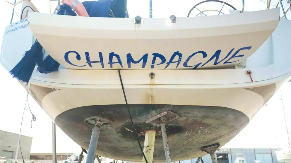 Broken Champagne ship in Barbate. The damage is still visible on the hull.