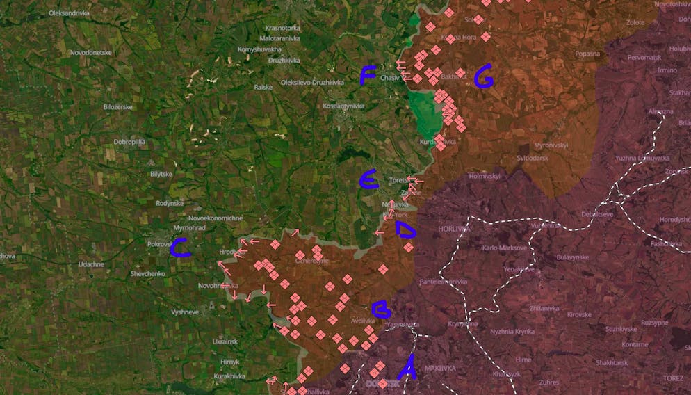 A Donbass Card for Orientation. A: Donezk, B: Awdijwka, C: Porkowsk, D: New York, E: Toretsk, F: Tschassiw Jar, G: Bachmut.