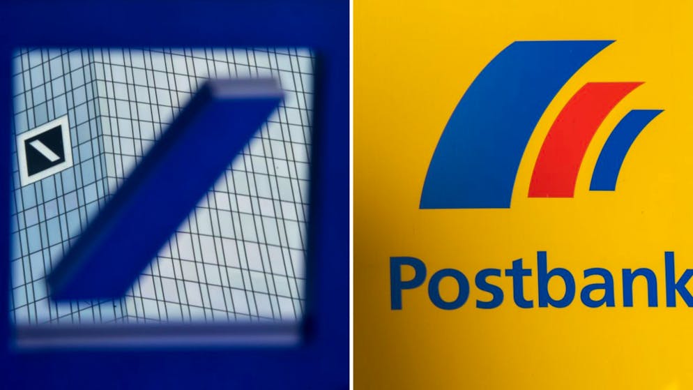 Zentrale der Deutschen Bank (l) in Frankfurt am Main, in einem Spiegel mit dem Logo, und ein Schild mit dem Logo der Postbank an der Fassade einer Postbankfiliale. (Archivbild)