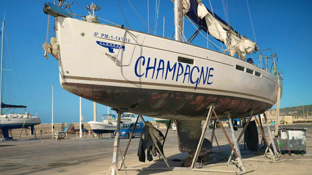 Broken Champagne ship in Barbate. The wrecked sailing ship is still standing in the dry dockyard in Barbate one year after the orca interaction.