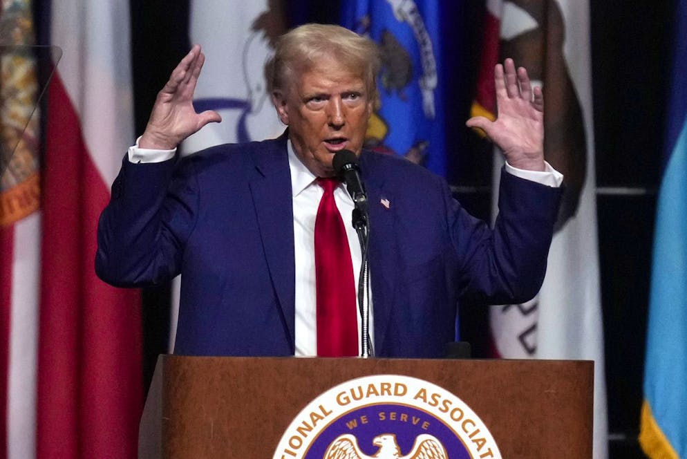 Il candidato repubblicano alla presidenza, l'ex presidente Donald Trump, parla alla 146ª Conferenza generale dell'Associazione della Guardia Nazionale degli Stati Uniti, lunedì 26 agosto 2024, a Detroit.