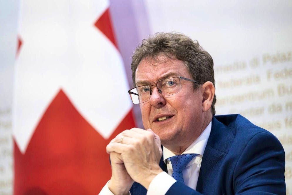 Energy Minister Albert Rösti speaks at a media conference about the Federal Council's decision.