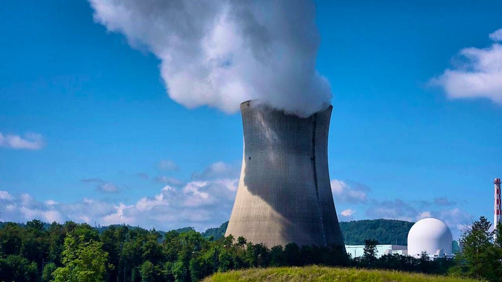 Round reactor block and cooling tower with steam cloud at the Leibstadt AG nuclear power plant. (archive image)