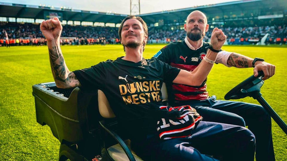 Kristoffer Olsson at his employer Midtjylland's championship celebrations.