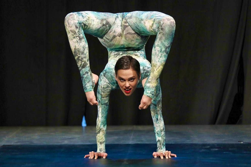 Swiss contortionist Nina Burri performs at the Buskers street music festival in Bern in August 2017.