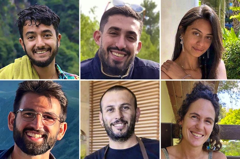 From top left to top right: Hersh Goldberg-Polin, Ori Danino and Eden Yerushalm. From bottom left to bottom right: Almog Sarusi, Alexander Lobanov and Carmel Gat.