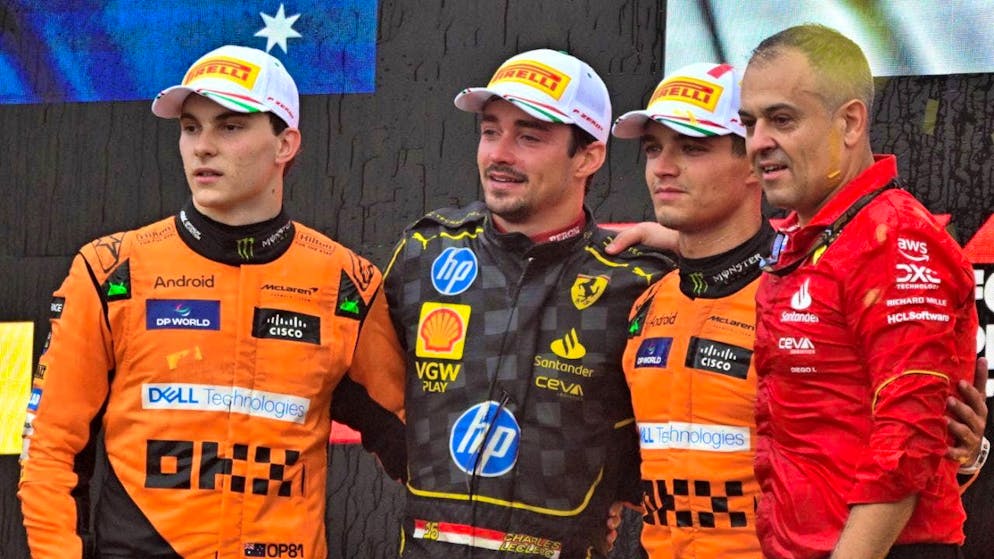 Leclerc creates high spirits at Monza - Gallery. The top three (from left): Oscar Piastri, Charles Leclerc, Lando Norris with Diego Ioverno, Ferrari's sporting director