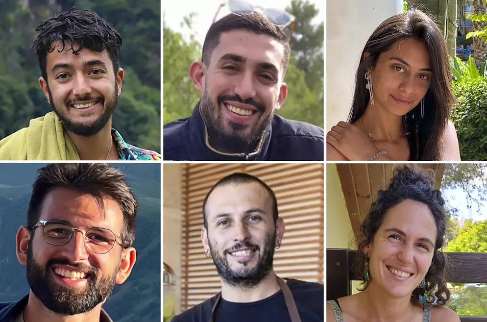 De gauche à droite, en haut : Hersh Goldberg-Polin, Ori Danino, Eden Yerushalmi ; en bas : Almog Sarusi, Alexander Lobanov, et Carmel Gat.