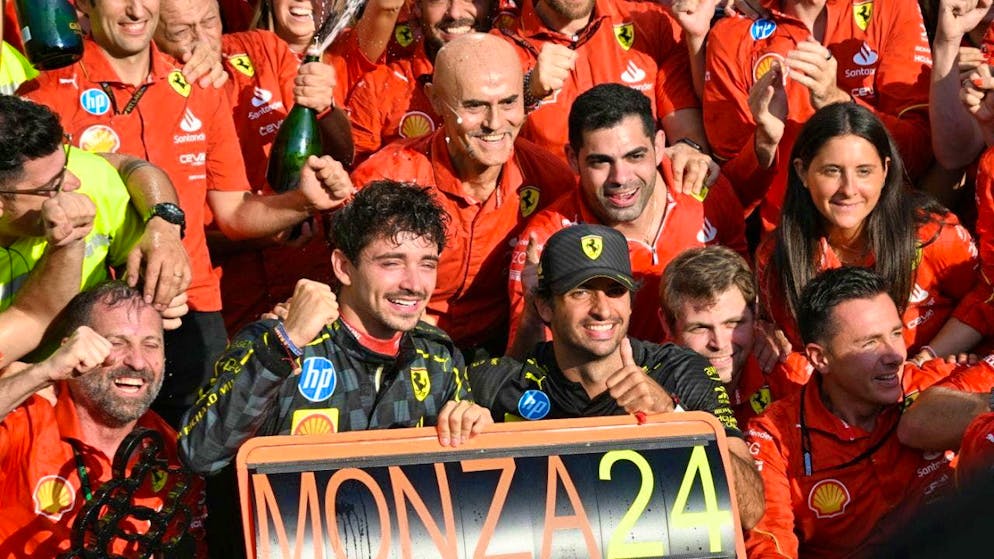 Leclerc creates high spirits at Monza - Gallery. The driver duo and the Ferrari team at Monza