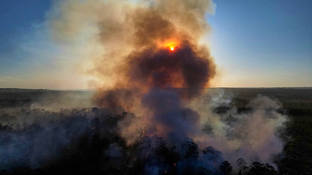 ARCHIV - Rauch steigt von mehreren Bränden auf, die sich mitten in der Trockenzeit im Brasilia National Forest ausbreiten. ) Foto: Eraldo Peres/AP/dpa
