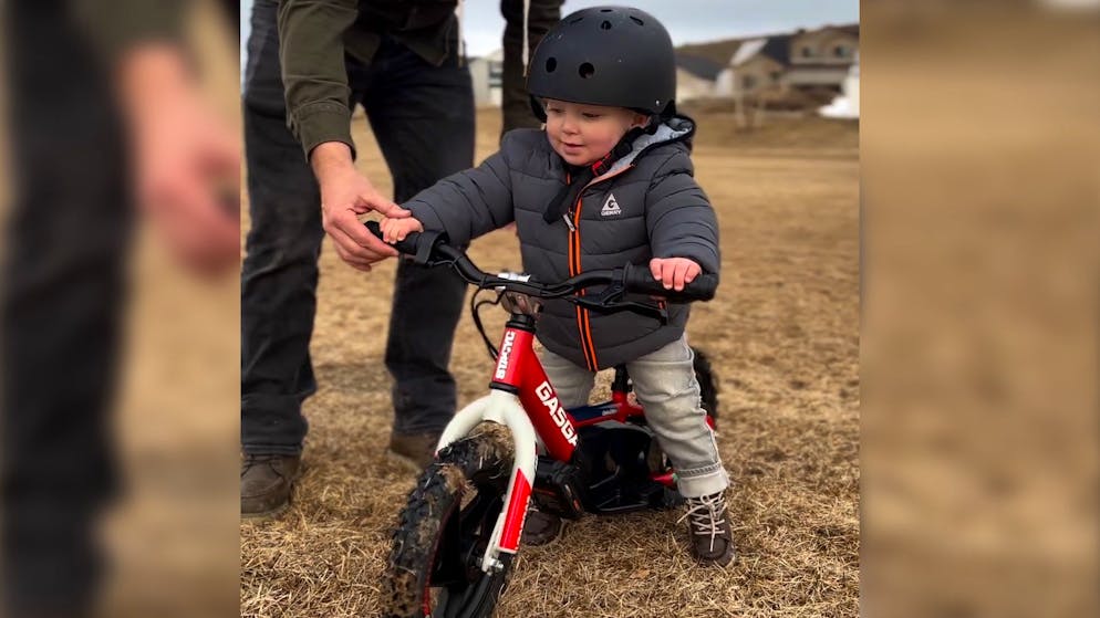 18 months old. This little motorcycle fan is a mega talent