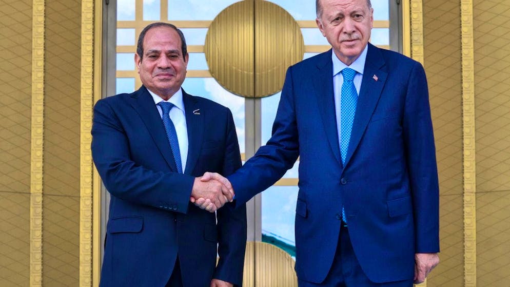 Turkish President Recep Tayyip Erdogan (r) shakes hands with Egyptian President Abdel Fattah al-Sisi. Photo: Yavuz Ozden/DIA Photo/AP/dpa