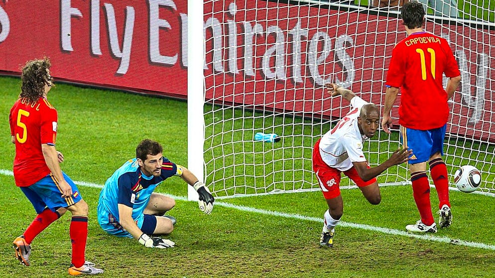Unforgettable: Gelson Fernandes scoring Switzerland's goal in a 1-0 victory over the eventual tournament winners at the 2010 World Cup.