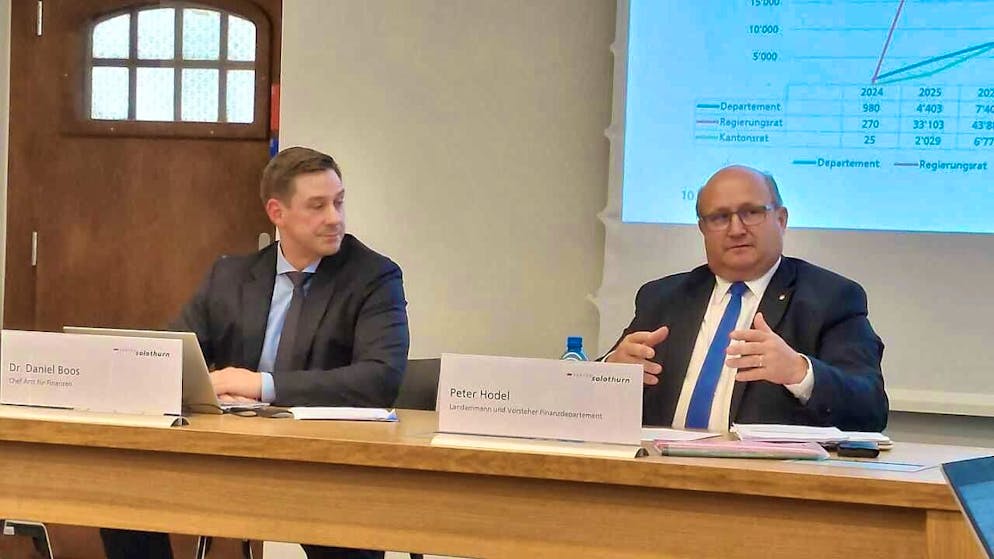 Daniel Boos, Head of the Finance Office, and Cantonal Councillor and Finance Director Peter Hodel (FDP) provide an overview of the 113 planned measures.