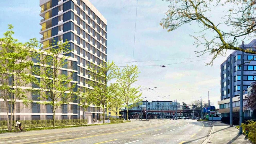 The planned high-rise building for family apartments on Zurich's Bucheggplatz. (Visualization)