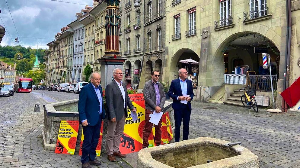The Bern-Jura SVP politicians Marc Tobler, Etienne Klopfenstein, Maxime Ochsenbein and Manfred Bühler oppose the Moutier Concordat.