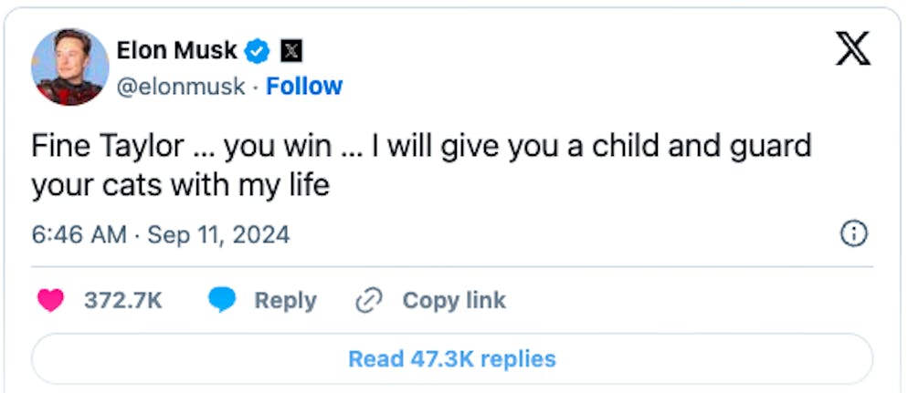 Elon Musks Reaktion auf Taylor Swifts öffentliche Unterstützung für Kamala Harris im US-Präsidentschaftswahlkampf liess nicht lange auf sich warten – und hat irritiert .