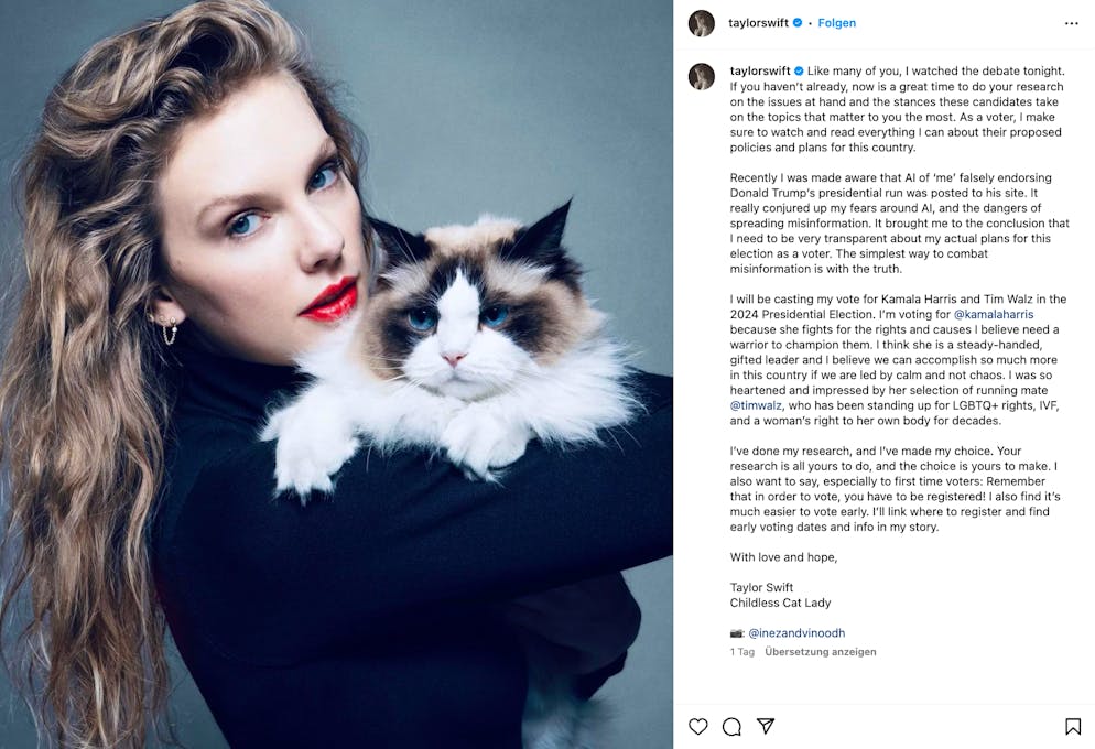 Taylor Swift unterstützt US-Präsidentschaftskandidatin Kamala Harris.