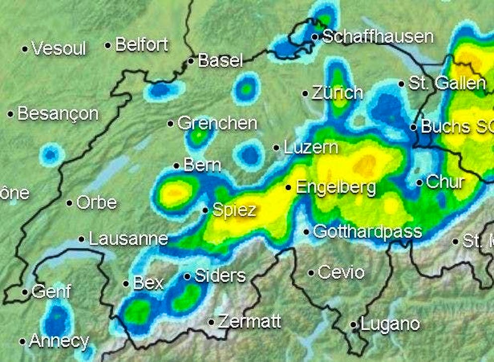 Heavy precipitation is expected in eastern and central Switzerland around 1 am.